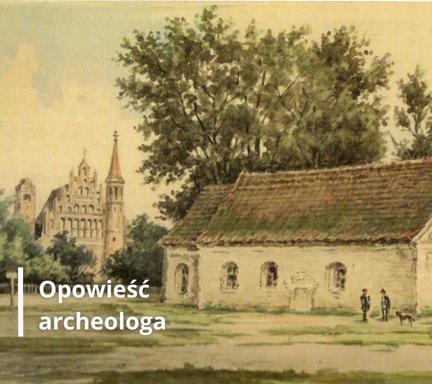 Kościół i zabudowania na starej rycinie. Napis: Opowieść archeologa.