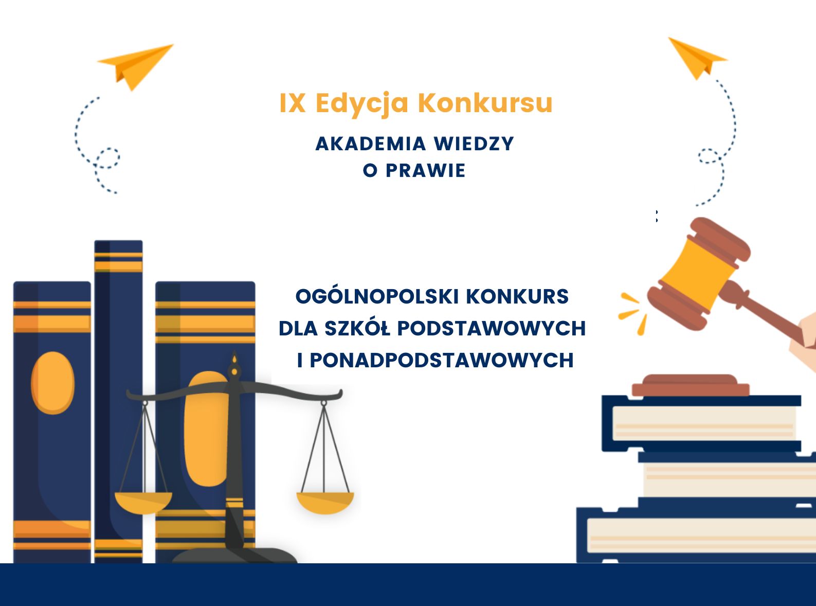 Waga szalkowa, młotek sędziowski i kodeksy na plakacie informacyjnym konkursu wiedzy o prawie.