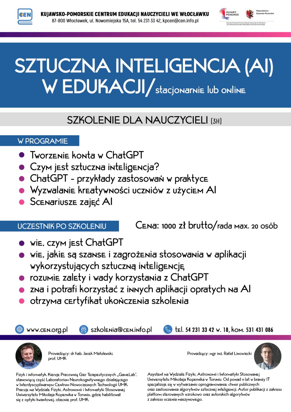 Plakat informacyjny szkolenia o sztucznej inteligencji w edukacji.