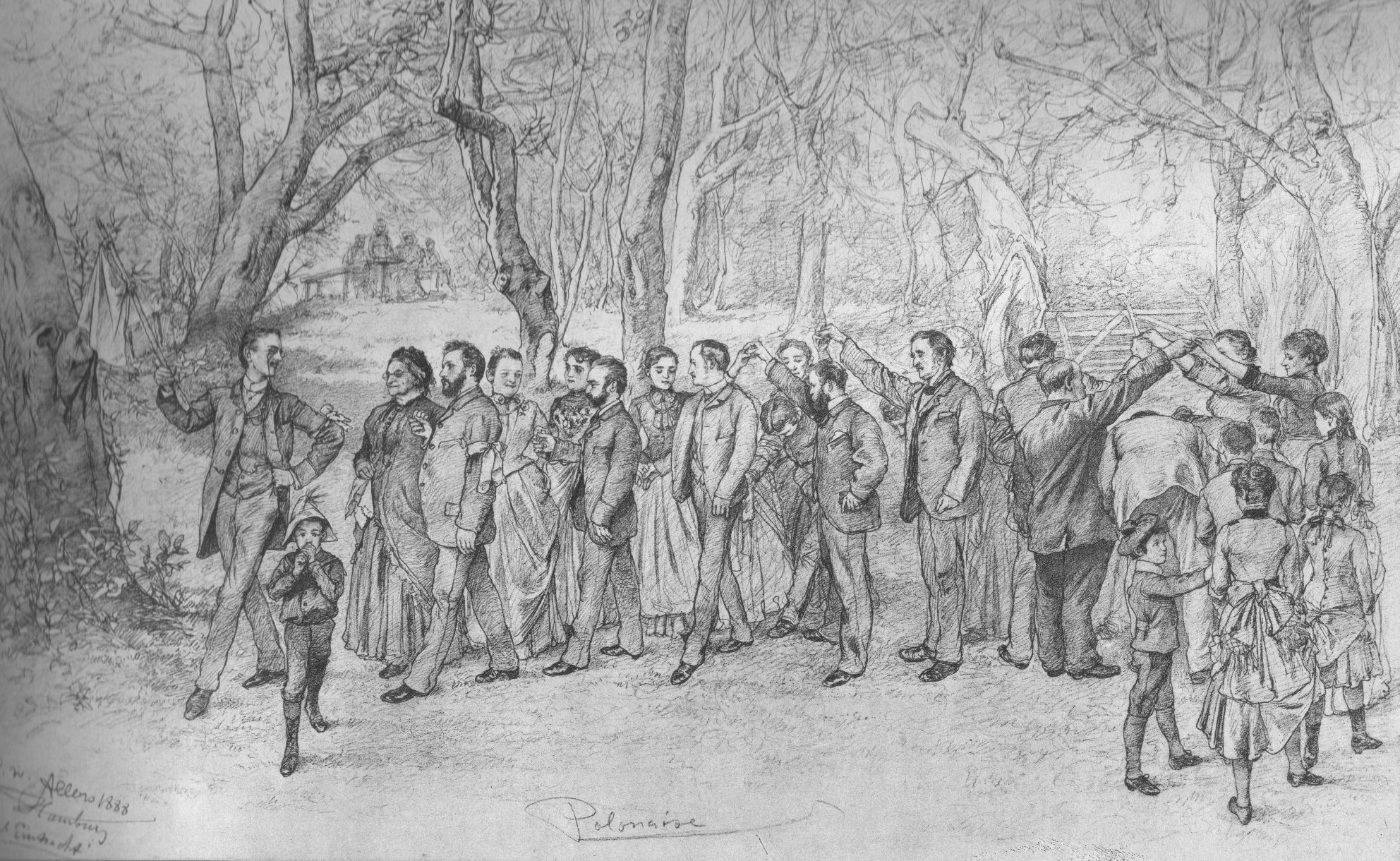 Dorośli i dzieci w surdutach i długich sukniach tańczą w parku poloneza - rysunek ołówkiem z adnotacjami: Polonaise i datą 1888.