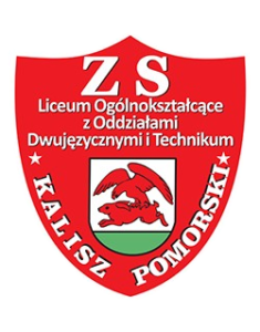 Tarcza szkolna ZS Liceum Ogólnokształcące z Oddziałami Dwujęzycznymi i Technikum Kalisz Pomorski z herbem miasta.