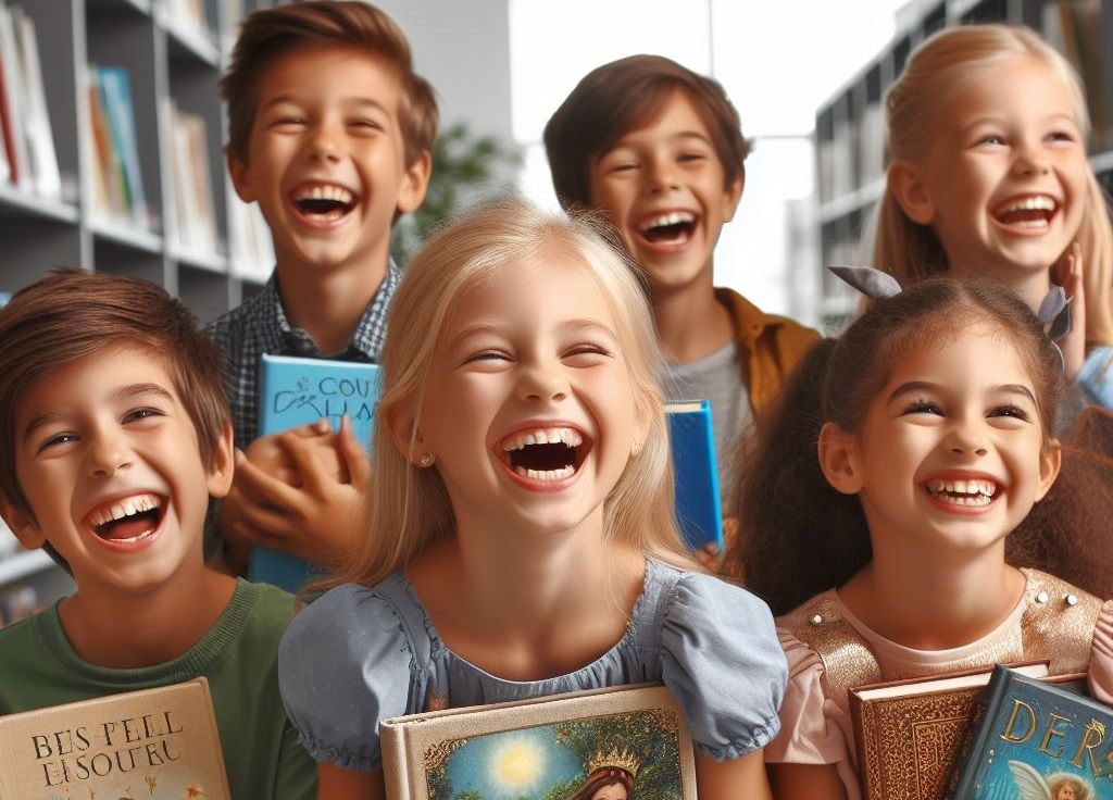 Sześcioro uśmiechniętych dzieci z książkami w rękach między regałami bibliotecznymi.