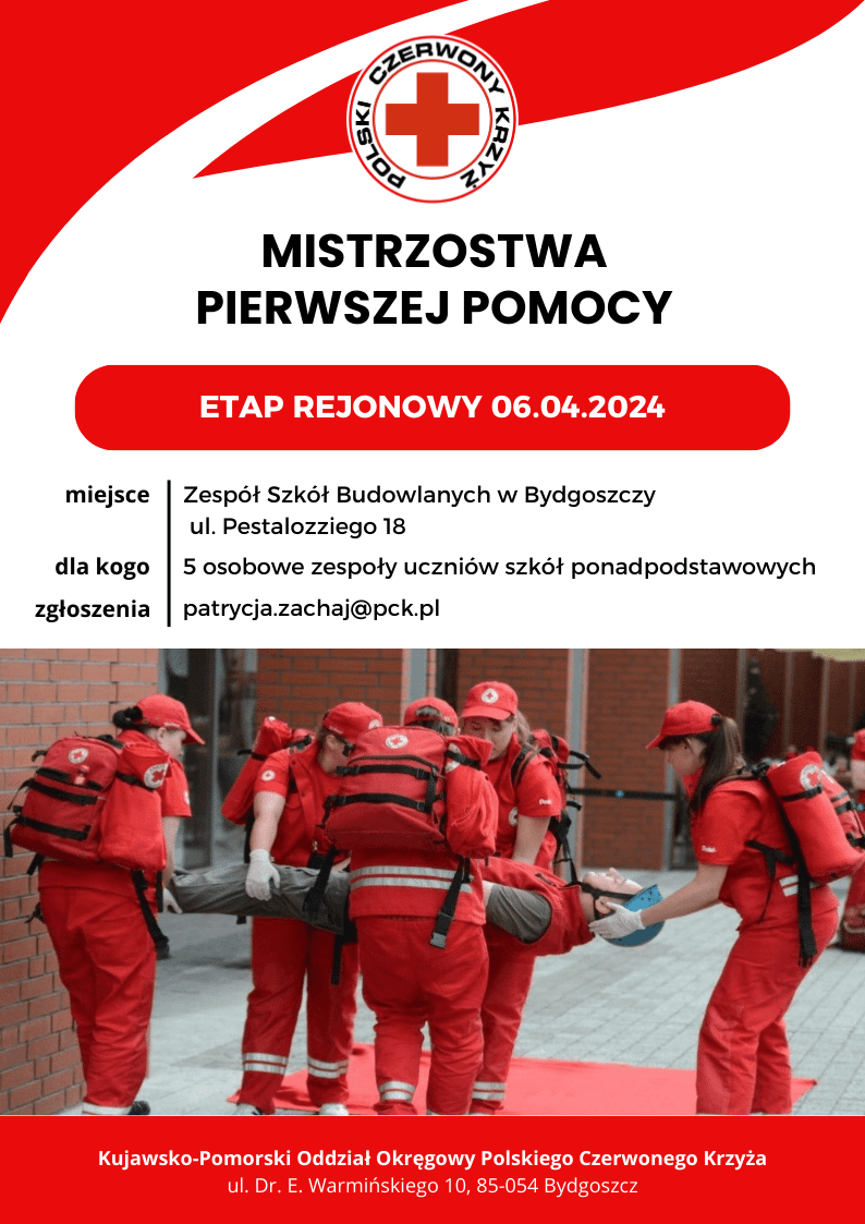 Plakat informacyjny Mistrzostw Pierwszej Pomocy PCK.