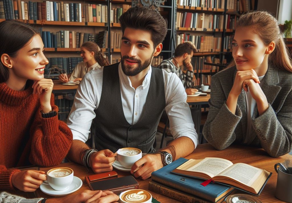 Młodzi ludzie rozmawiają przy kawie na tle regałów z książkami.