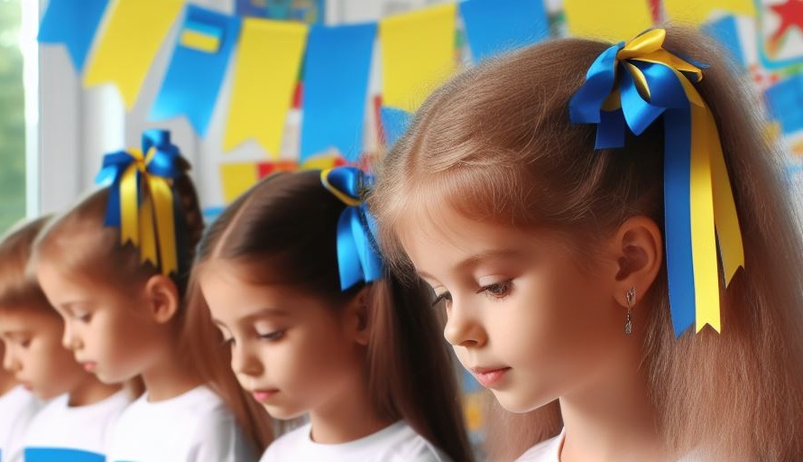 Dzieci i wstążki oraz chorągiewki w barwach ukraińskiej flagi.
