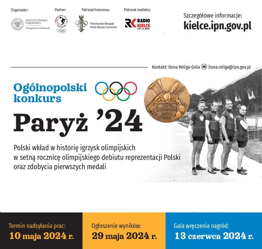 Czterech olimpijczyków w strojach sportowych i medal olimpijski Paryż 1924 r. na plakacie konkursu ogólnopolskiego.