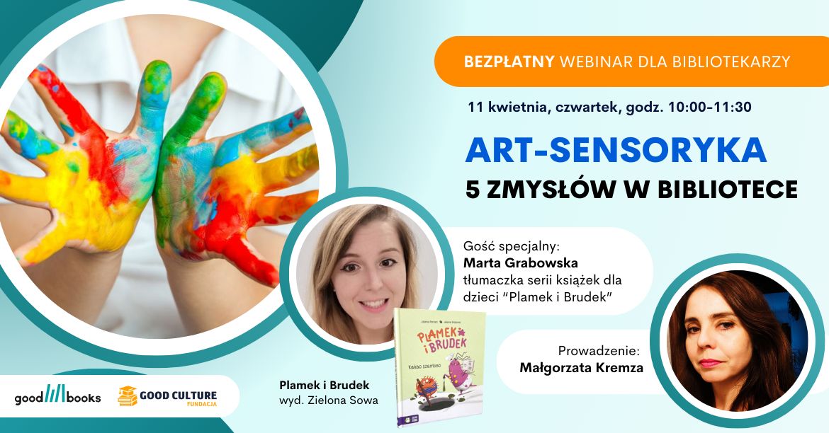 Wizerunki dwóch kobiet oraz dłonie pomalowane kolorowymi farbami na plakacie informacyjnym webinarium pt. "Art-sensoryka"