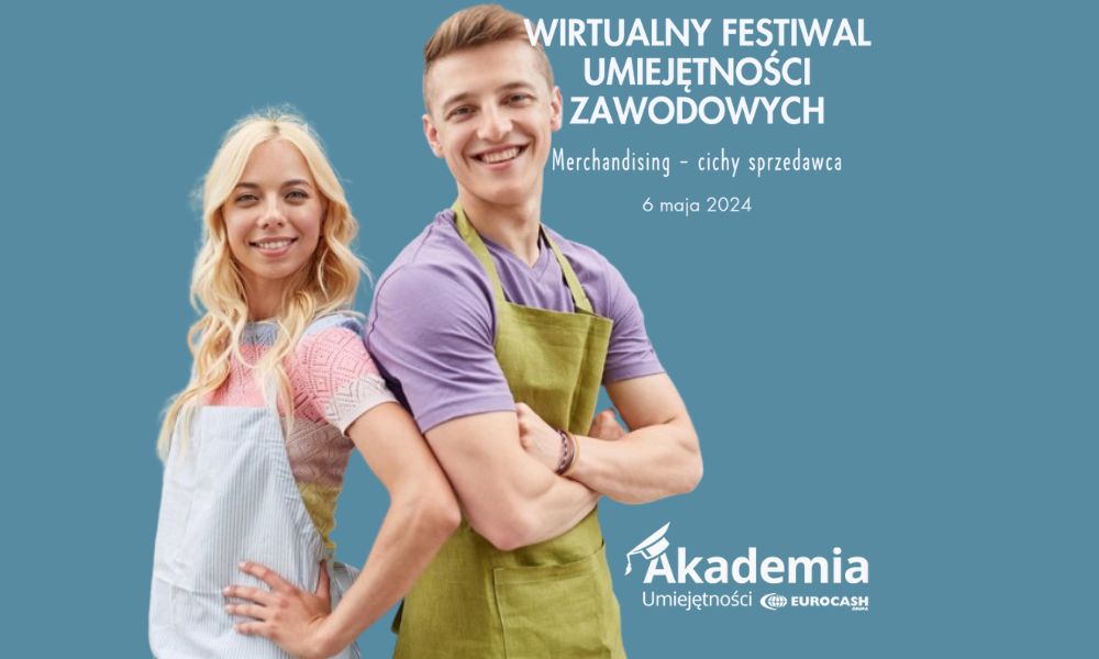 Uśmiechnięta para w fartuchach: młoda kobieta i mężczyzna na plakacie Wirtualnego Festiwalu Umiejętności Zawodowych.