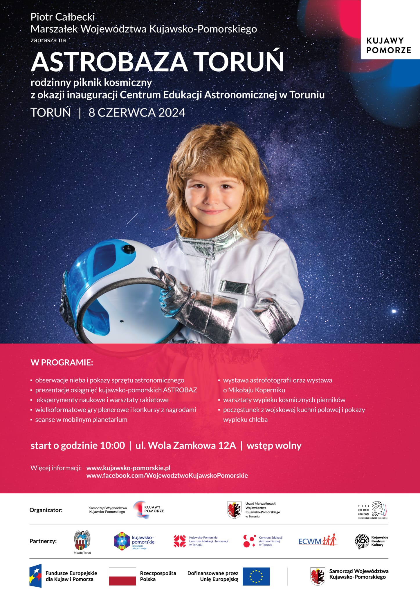 Dziewczynka w stroju astronauty na plakacie informacyjnym pikniku pn. Astrobaza Toruń. 