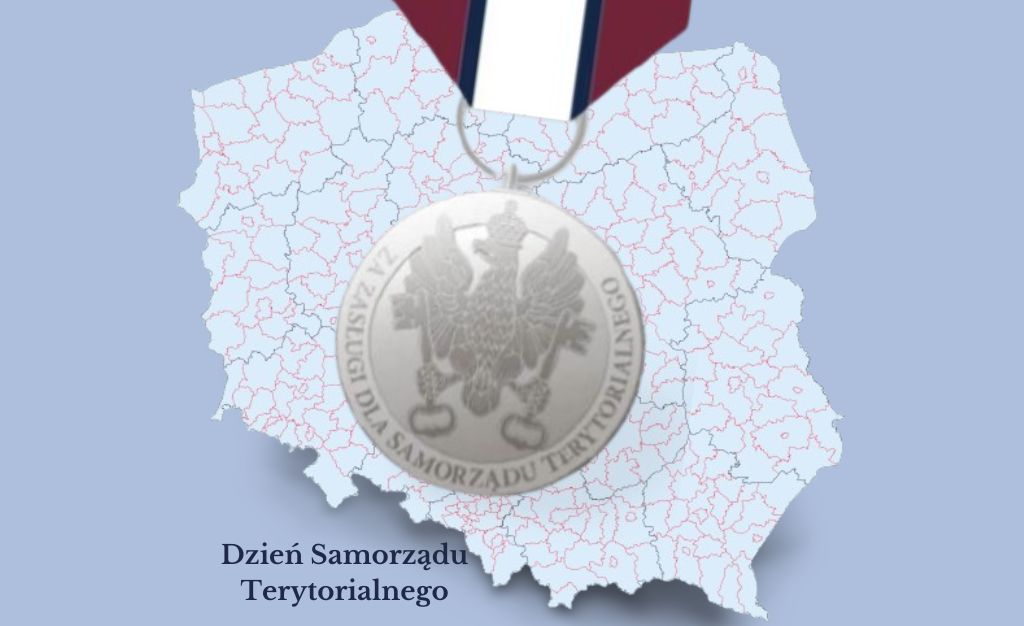 Medal za Zasługi dla Samorządu Terytorialnego na tle mapy konturowej Polski z zaznaczeniem samorządów różnych szczebli.