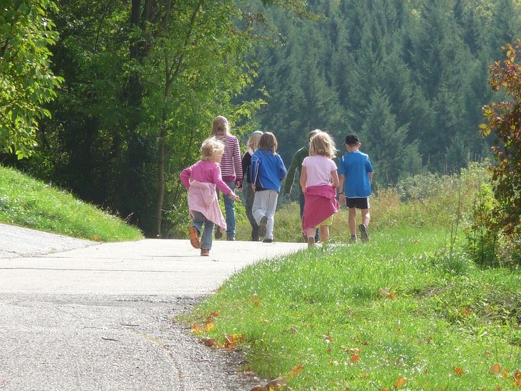 Grupa dzieci idzie drogą. W tle las.