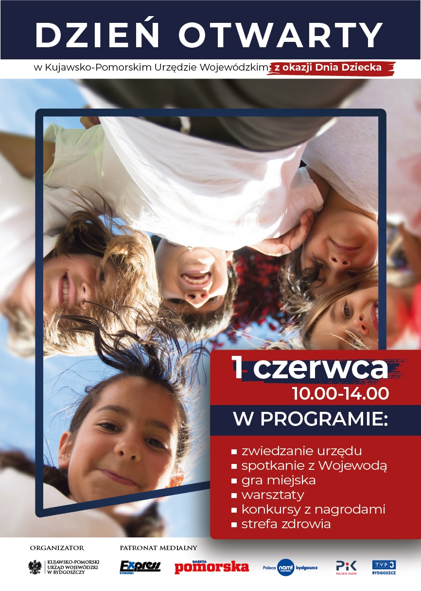 Twarze dzieci na plakacie Dnia Otwartego w Urzędzie Wojewódzkim.