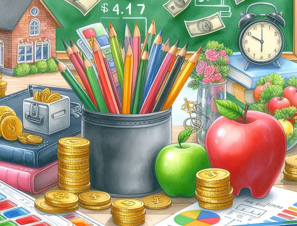 Monety, wykresy banknoty i zapiski na tablicy podczas lekcji o finansach.