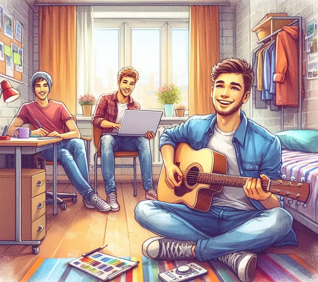 Trzech nastolatków w pokoju: jeden z laptopem na kolanach, drugi przy biurku, trzeci gra na gitarze siedząc na podłodze.
