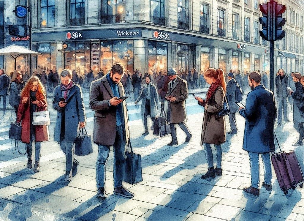 Ludzie wpatrzeni w swoje smartfony na chodniku w mieście.