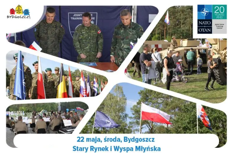 Kolaż zdjęć z żołnierzami, widoczne mundury, sprzęt wojskowy i flagi narodowe państw NATO.