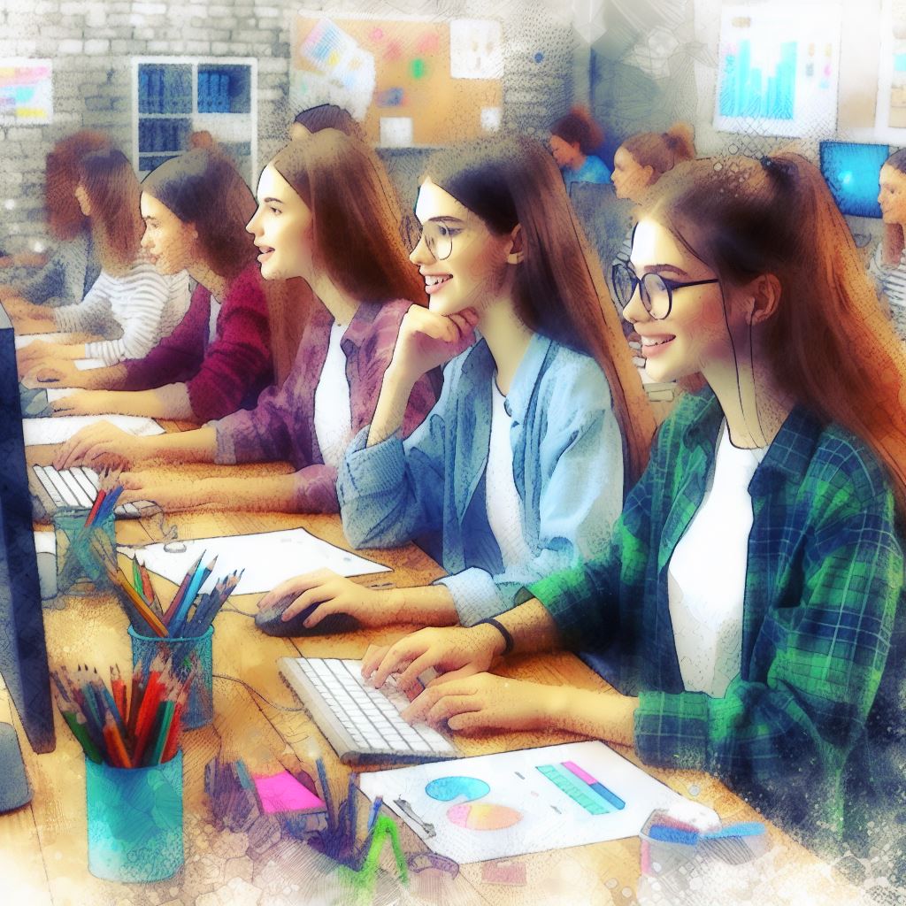 Nastoletnie dziewczyny przed ekranami komputerów.