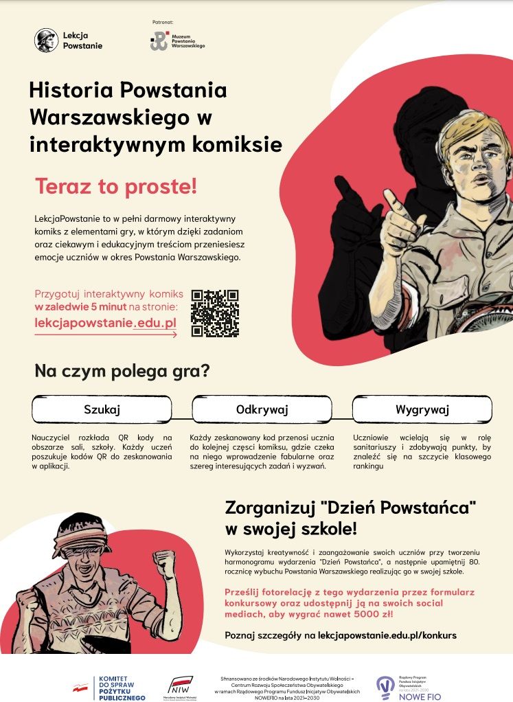 Plakat informacyjny gry z wizerunkami powstańców warszawskich.