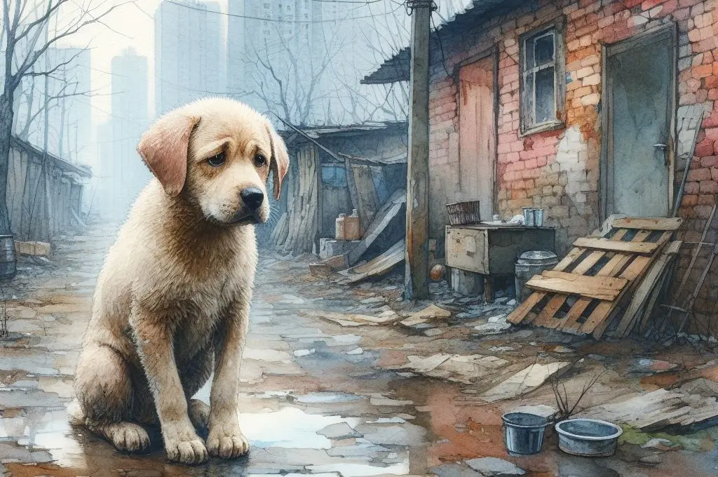 Pies o smutnym obliczu w zaniedbanym otoczeniu dużego miasta.