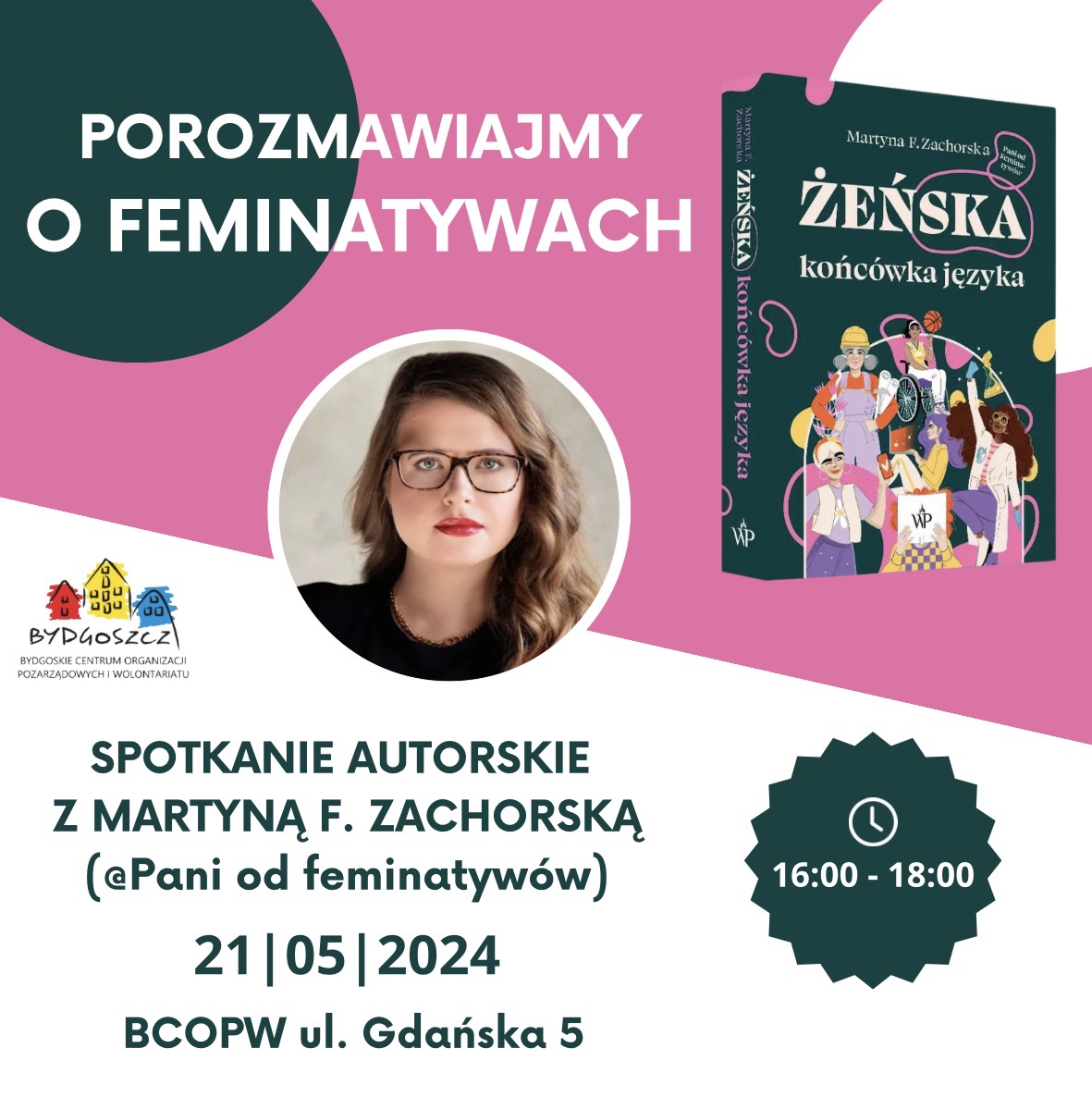 Plakat informacyjny spotkania autorskiego z Martyną Zachorską z wizerunkiem autorki i okładką jej książki.