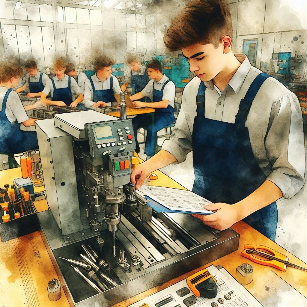 Uczniowie w strojach roboczych w warsztatach.