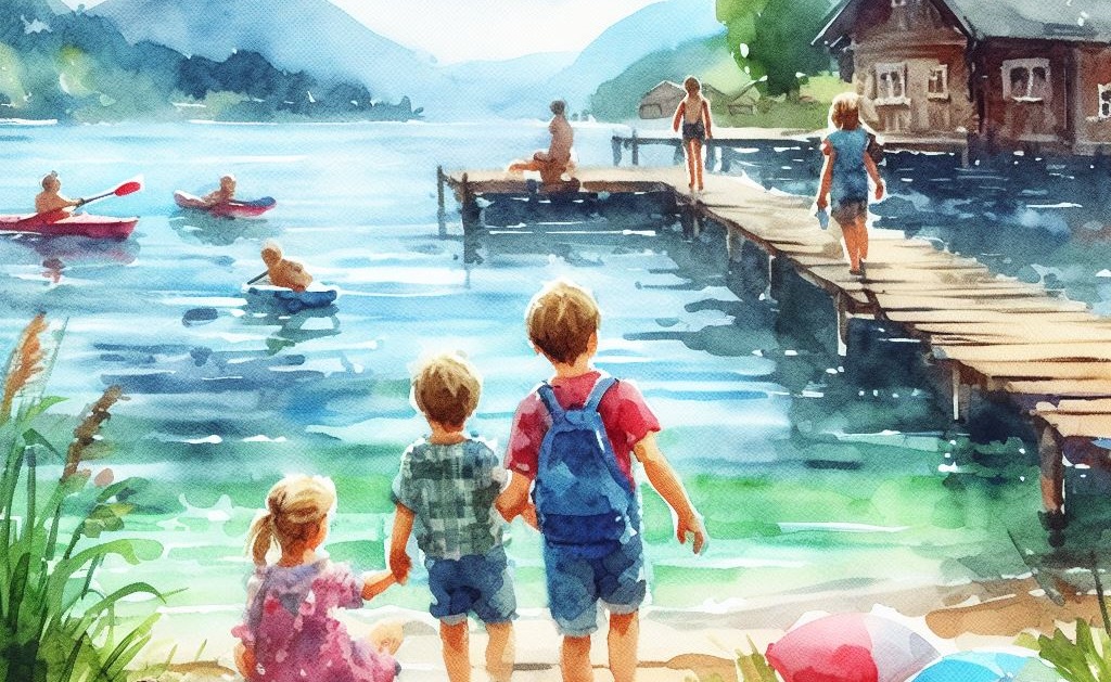 Dzieci na brzegu jeziora, na drewnianym pomoście i w kajakach.