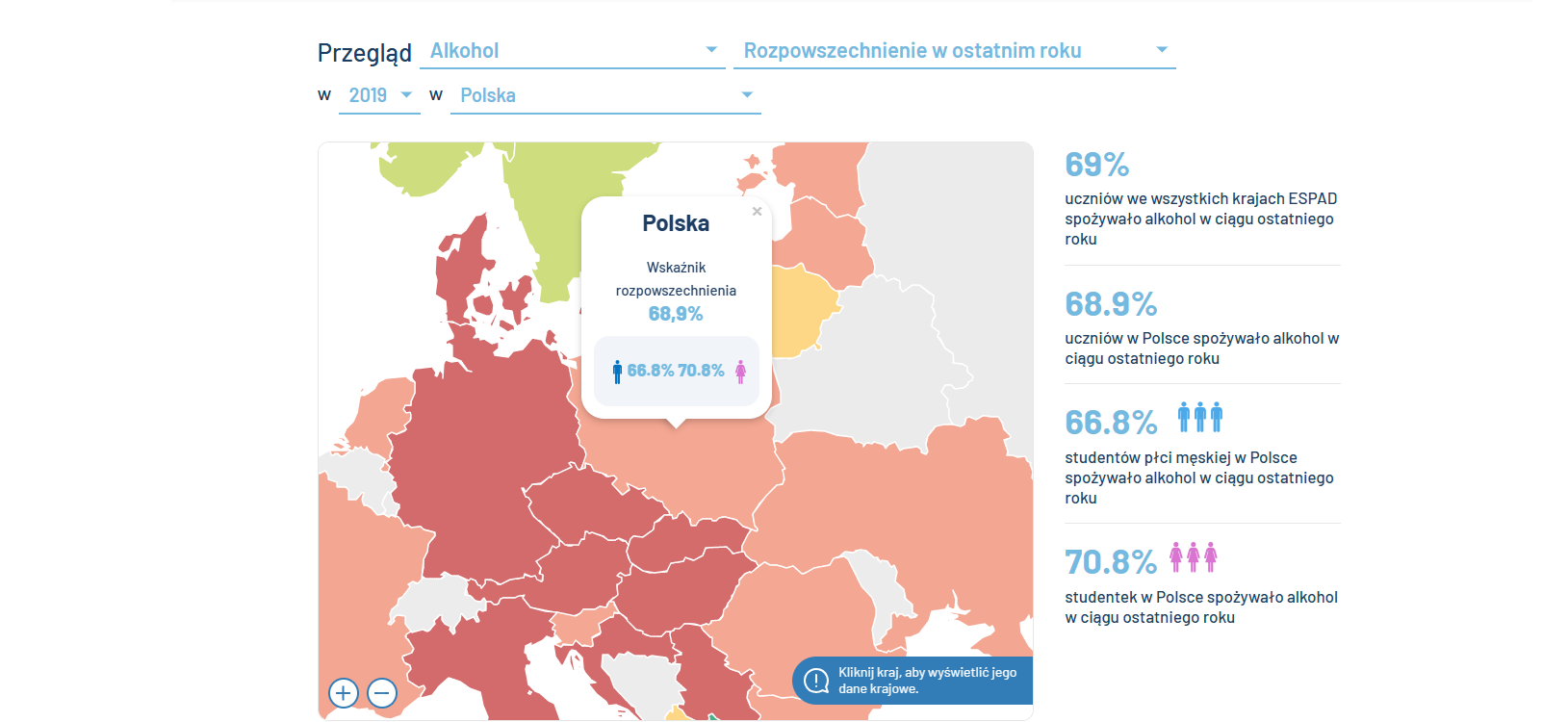 Mapa Europy z danymi o używaniu alkoholu przez uczniów w Polsce.