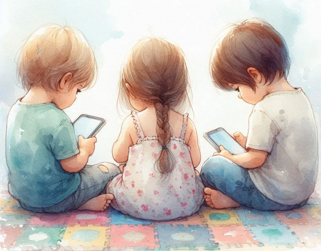Trójka małych dzieci siedzących na macie wpatruje się w swoje smartfony.