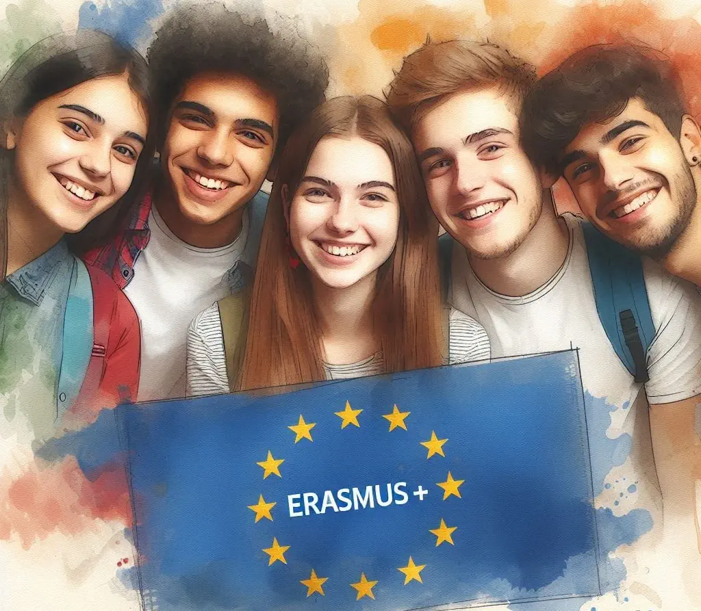 Pięcioro uśmiechniętych nastolatków i logo Erasmus + na fladze Unii Europejskiej.