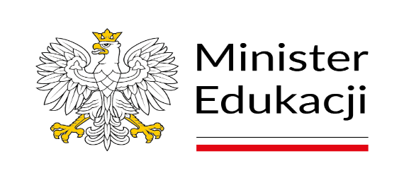 Logo Minister Edukacji. Wizerunek orła białego ze złotą koroną na głowie zwróconej w prawo, z dziobem i szponami złotymi, obok napis Minister Edukacji.