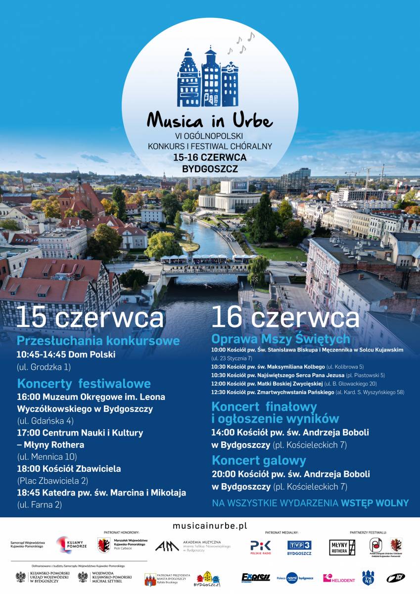 Widok na rzekę i zabudowę miejska na plakacie informacyjnym Misica in Urbe. Poniżej program dwóch dni imprez 15 i 16 czerwca.