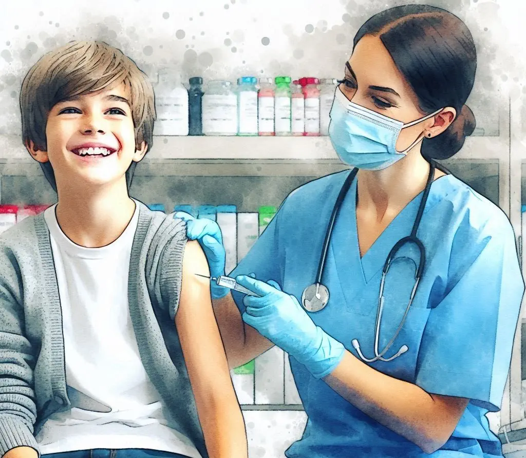 Pielęgniarka w maseczce ochronnej szczepi w ramię uśmiechniętego chłopca.