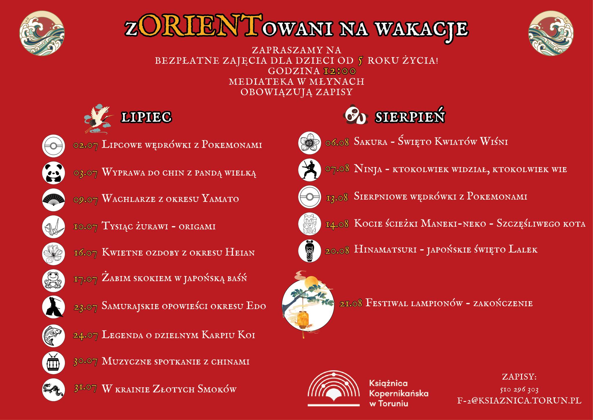Plakat promujący cykl zajęć w "Mediatece w Młynach" - "zORIENTowani na wakacje"