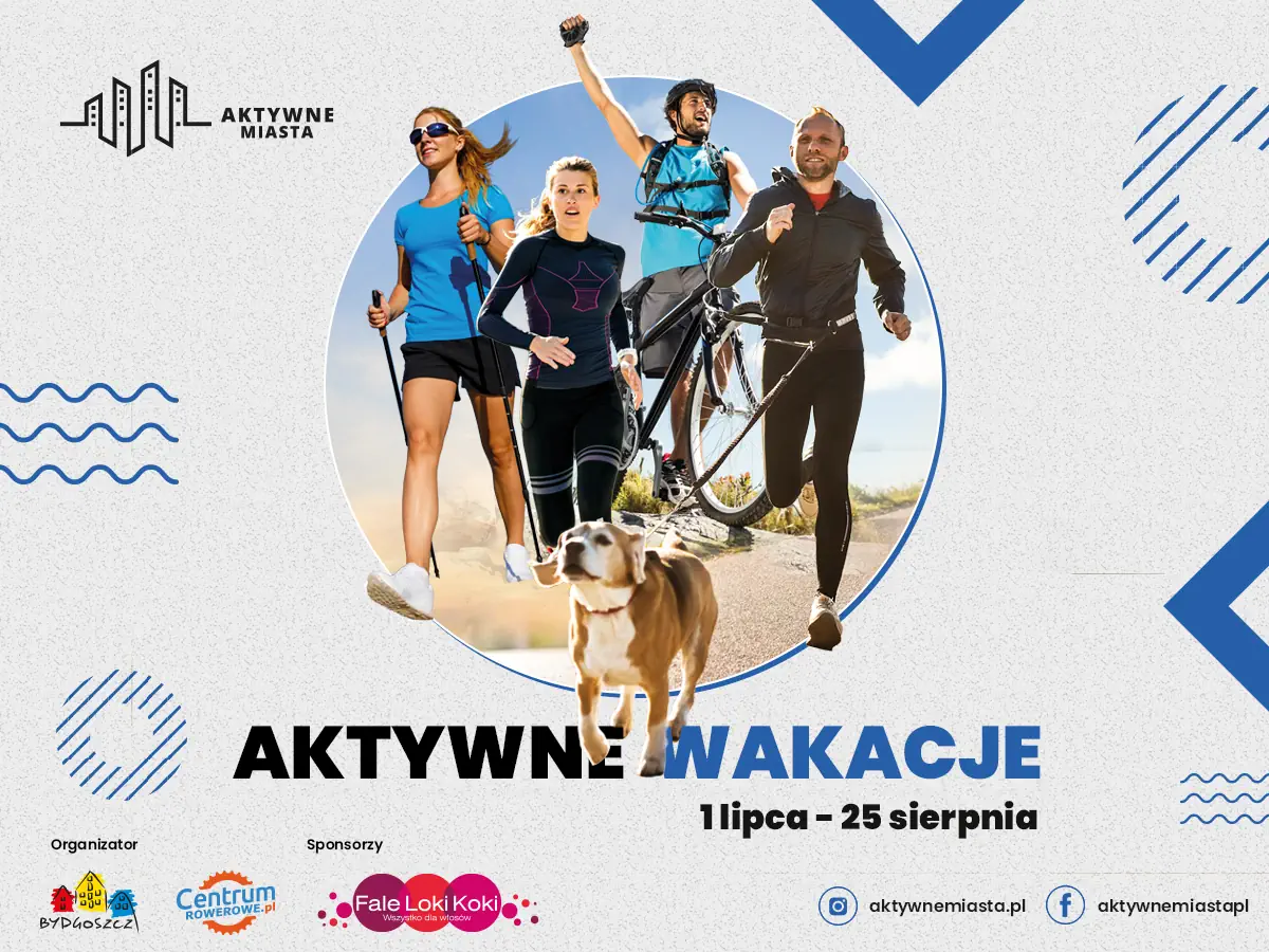 Cztery osoby w strojach sportowych i pies w dynamicznych pozach na banerze Aktywnych Wakacji.