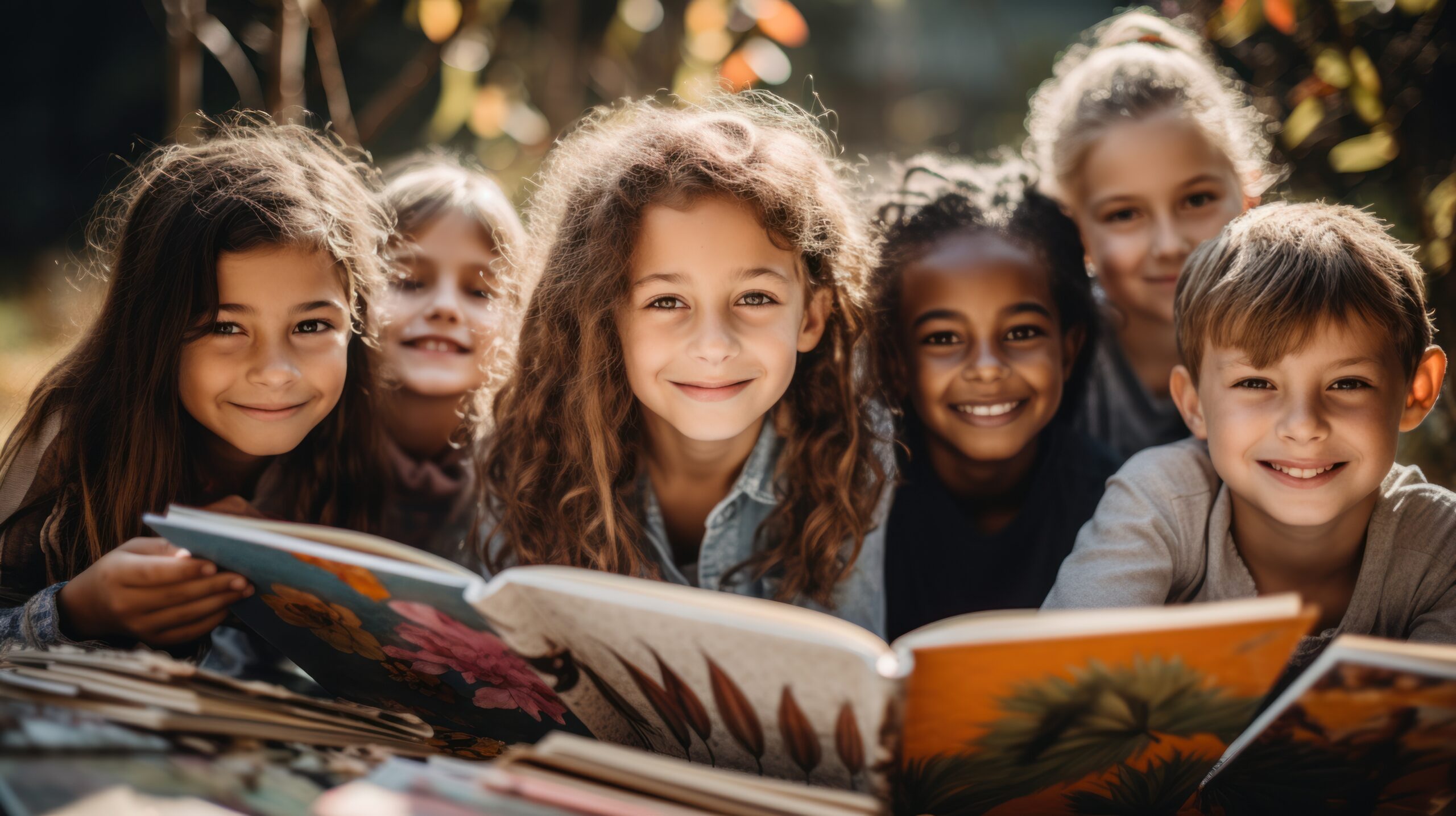 Sześcioro uśmiechniętych dzieci z książkami przed sobą