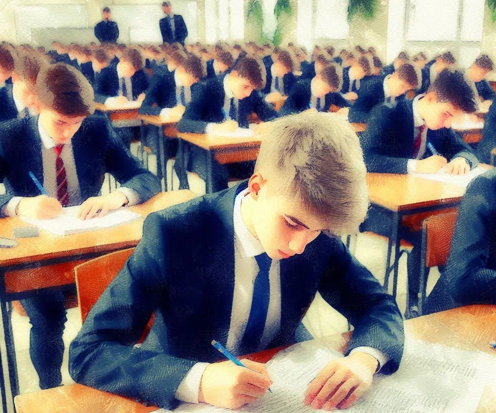 Uczniowie w garniturach w dużej sali podczas egzaminów pisemnych.