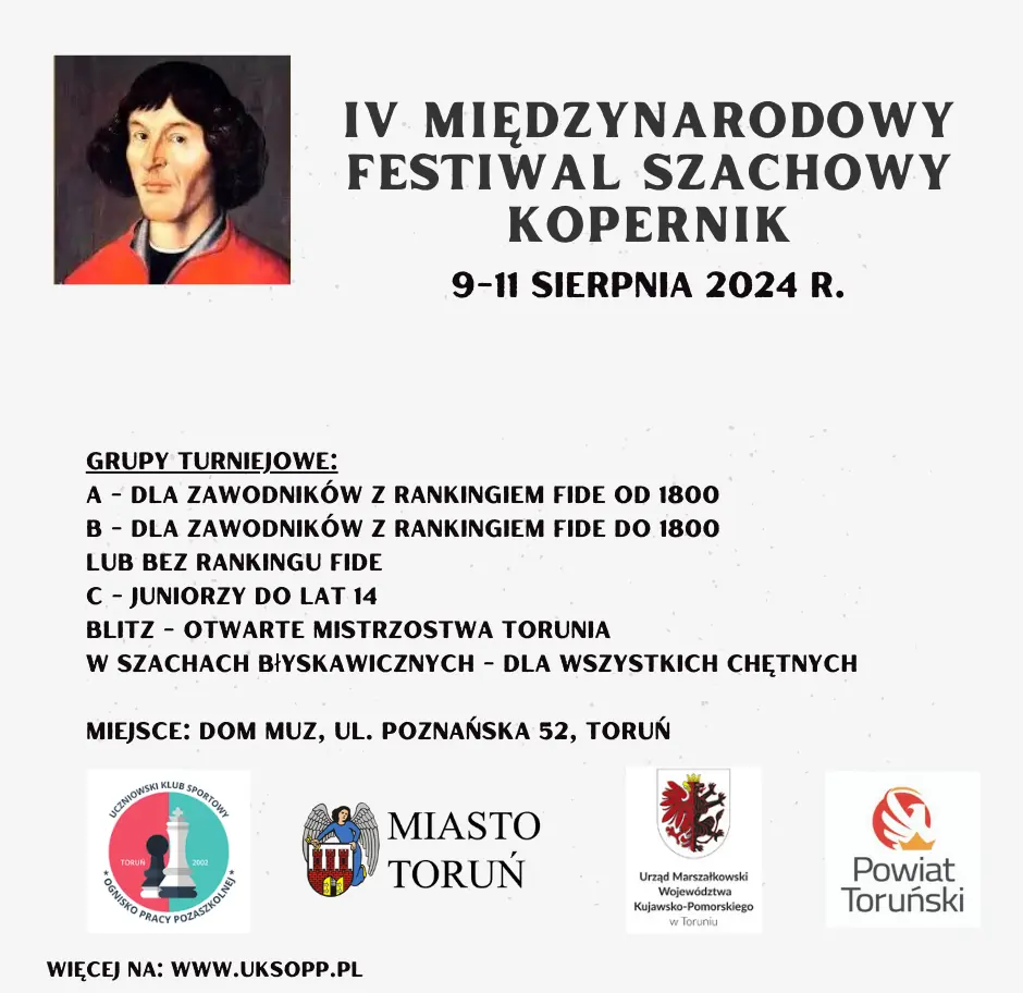 Plakat informacyjny IV Międzynarodowego Festiwalu Szachowego Kopernik 2024.