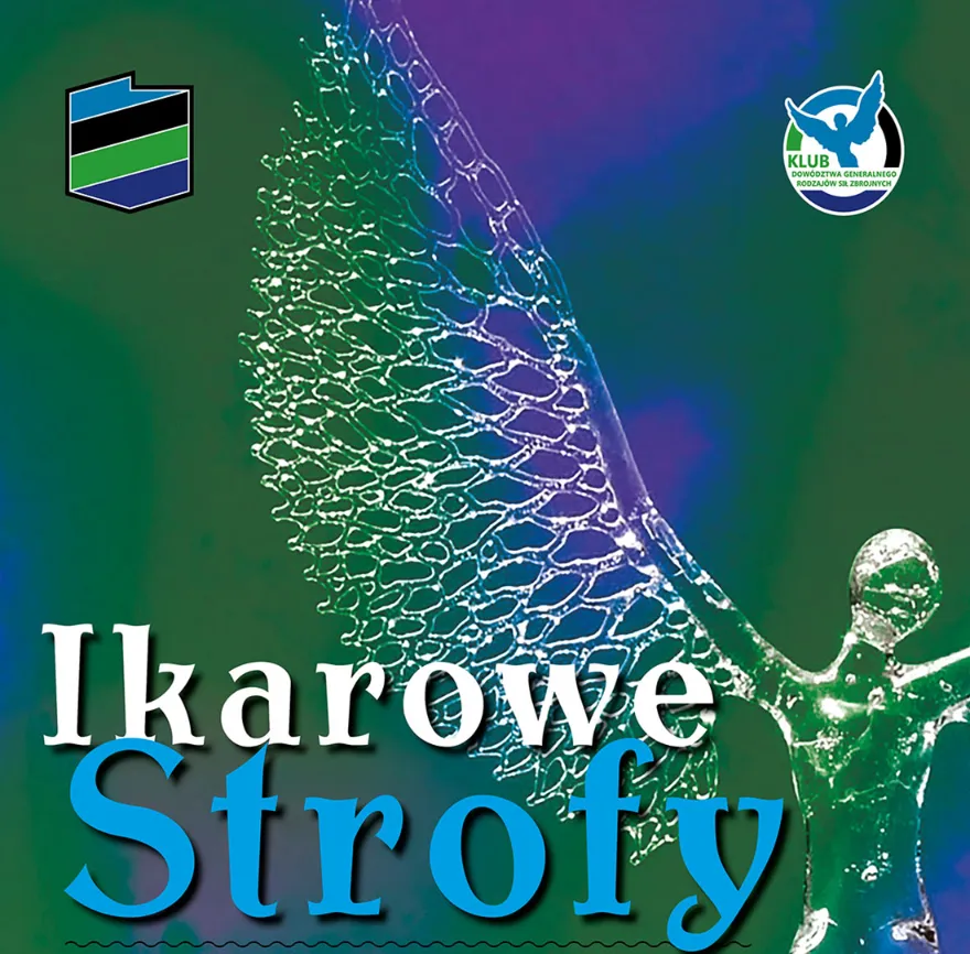 Fragment szklanej statuetki Ikara. Napis "Ikarowe Strofy oraz logo Klubu DGRSZ.