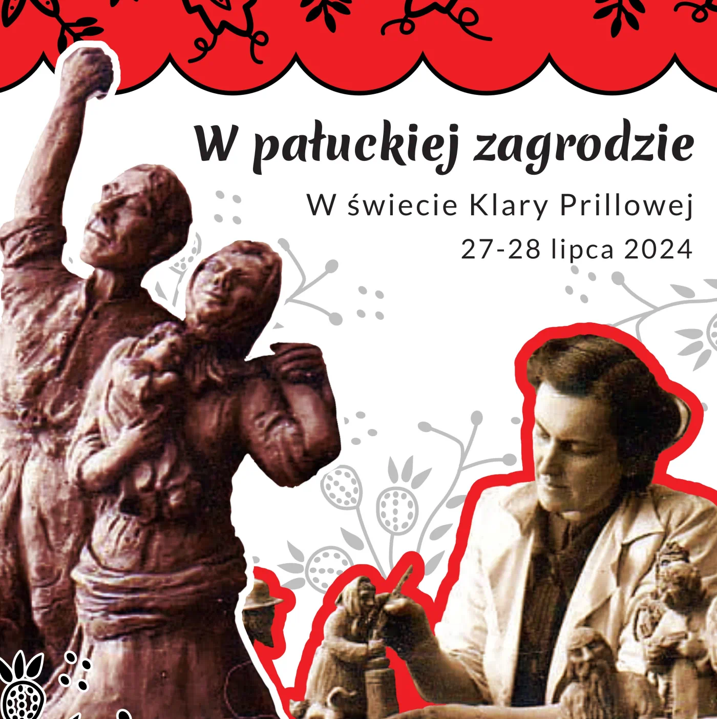 Wizerunek kobiety i rzeźby ludowe na plakacie wydarzenia pt. "W pałuckiej zagrodzie".