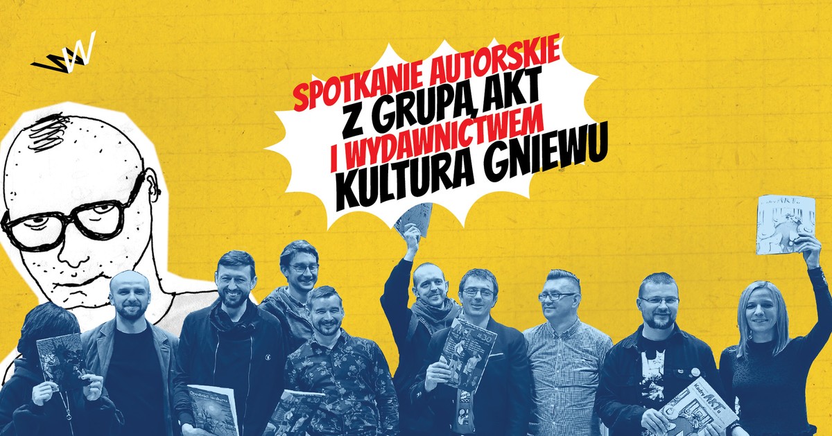 grafika wydarzenia z grupą uśmiechniętych kobiet i mężczyzn trzymających komiksy, za nimi widnieje postać z komiksu