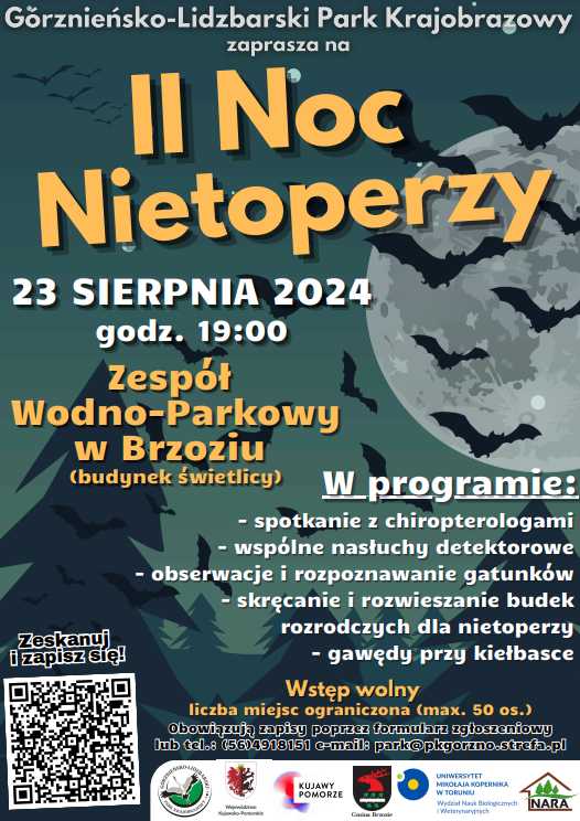 grafika wydarzenia z wizerunkiem nocnego nieba, księżyca i nietoperzy oraz logotypami organizatorów i informacjami o wydarzeniu