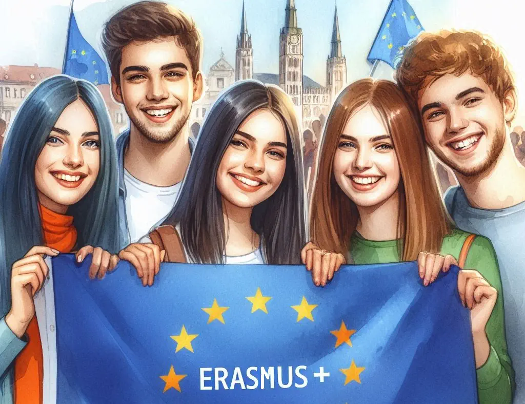 Pięcioro uśmiechniętych nastolatków i logo Erasmus+ na fladze Unii Europejskiej.