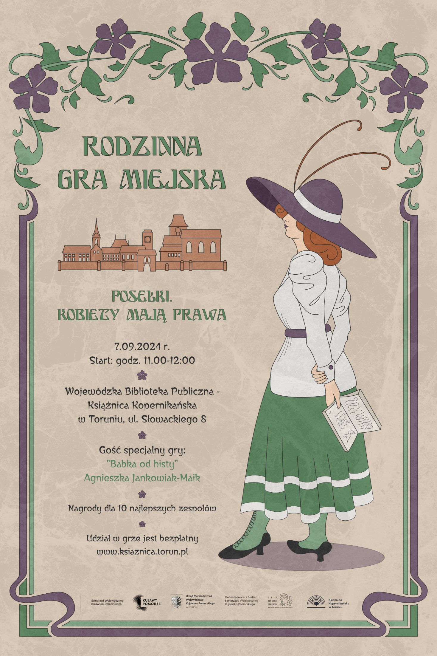 grafika wydarzenia stylizowana na plakat z początku XX w. z secesyjnymi zdobieniami, z kobietą w ubraną w kapelusz i strój z epoki, zawiera informacje o grze miejskiej i logotypy organizatorów