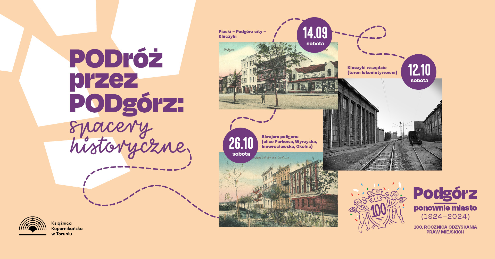 grafika wydarzenia ze starymi fotografiami Podgórza, datami spotkań oraz logotypami organizatora oraz okolicznościowe logo Podgórza