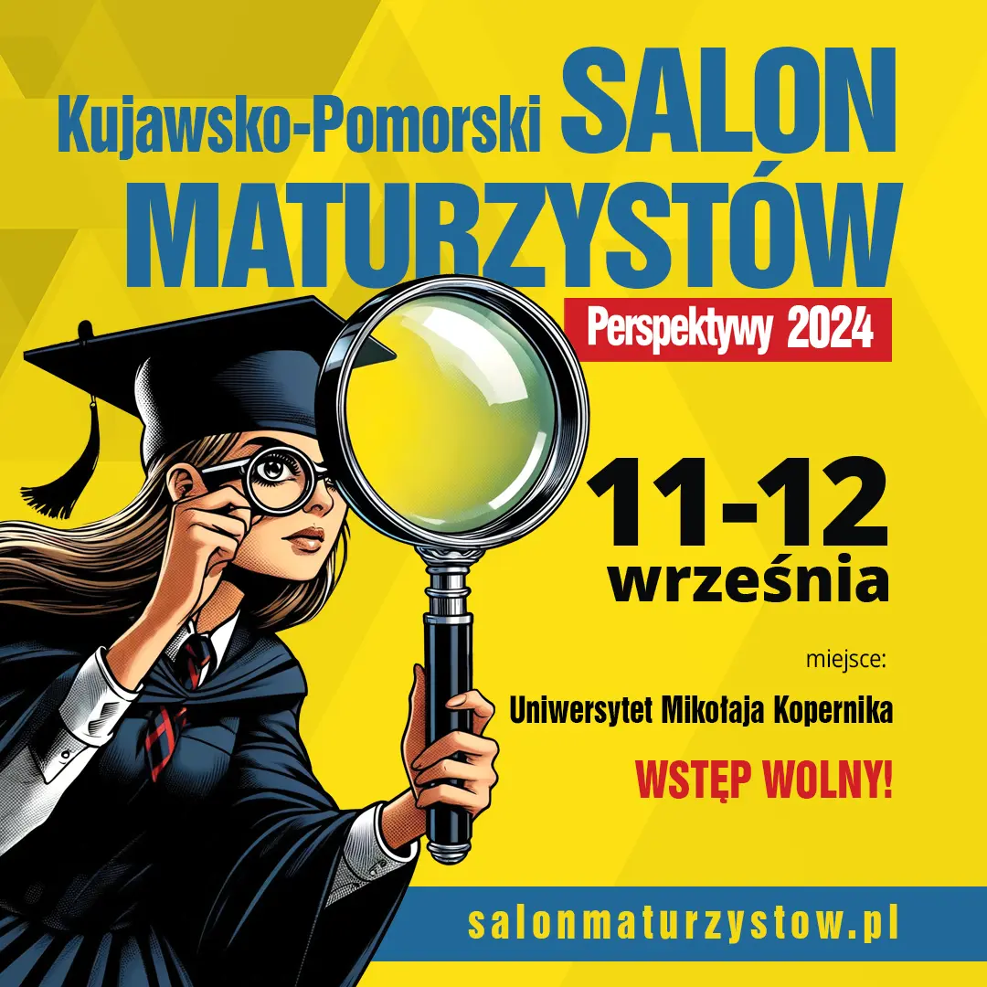 Dziewczyna w tradycyjnym stroju studenckim z biretem trzyma patrzy przez dwie lupy. na plakacie Salonu Maturzystów data 11-12 września i logotyp Perspektywy.