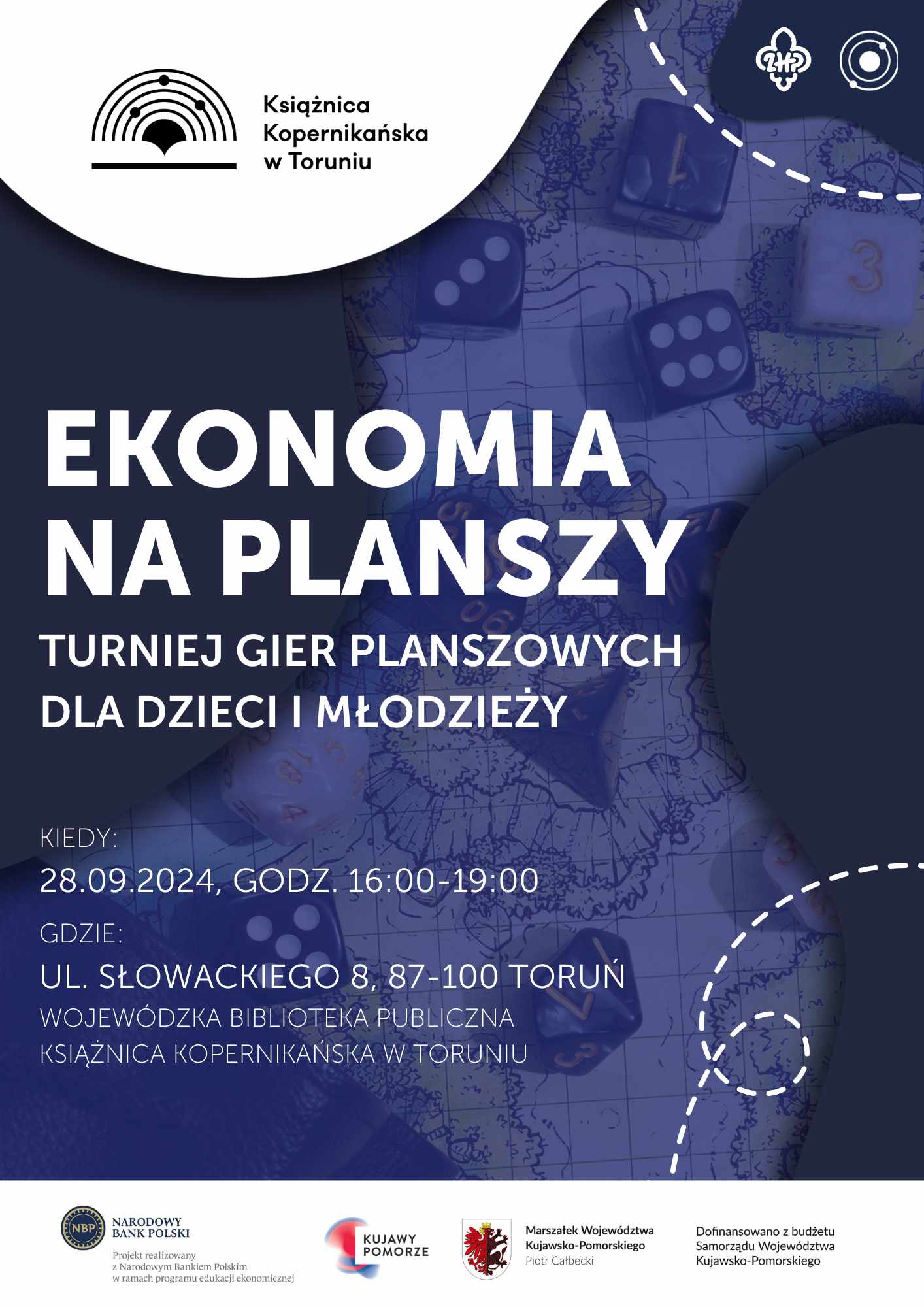 plakat Ekonomia na planszy z logo Książnicy i podstawowymi informacjami o wydarzeniu na granatowym tle z motywami kostek do gry na planszy