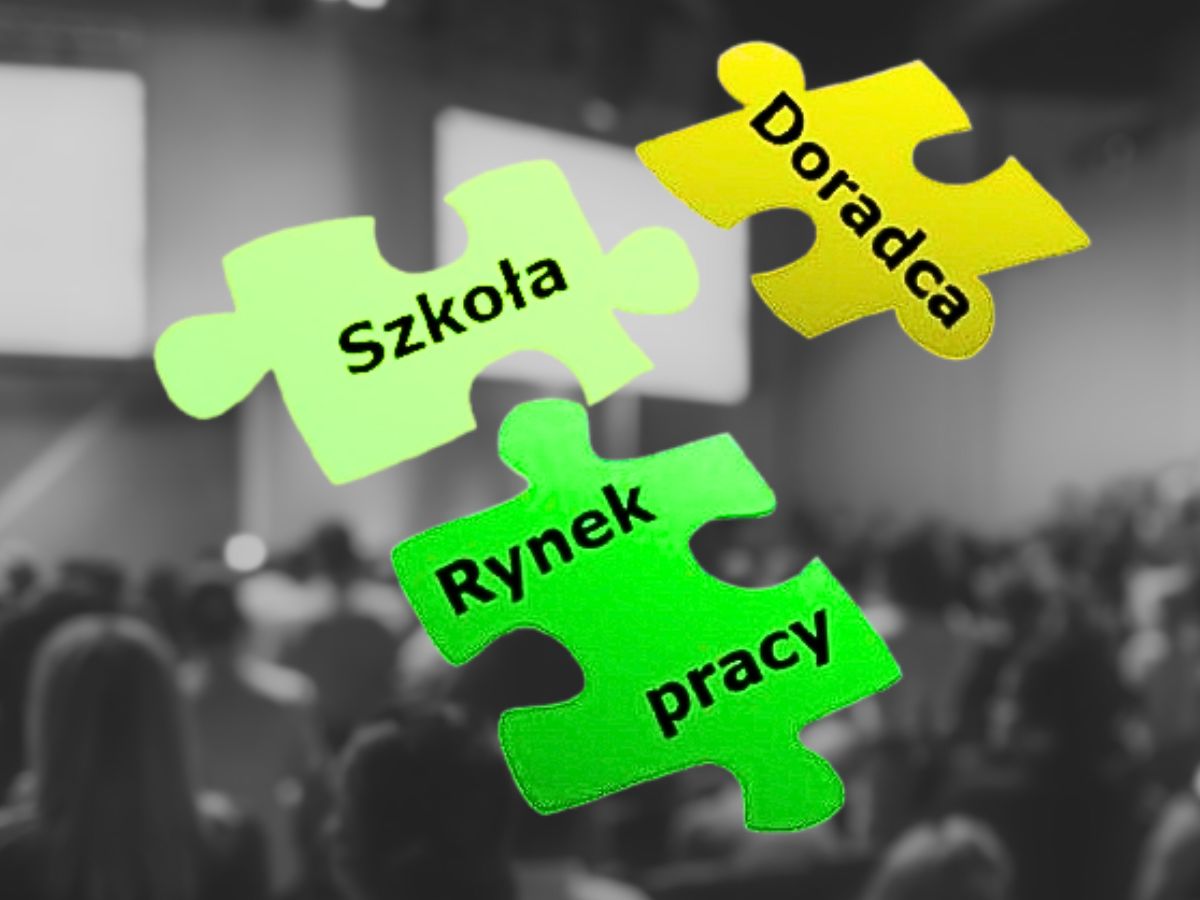 Puzzle z napisami: szkoła, doradca, rynek pracy na tle sali konferencyjnej z uczestnikami.