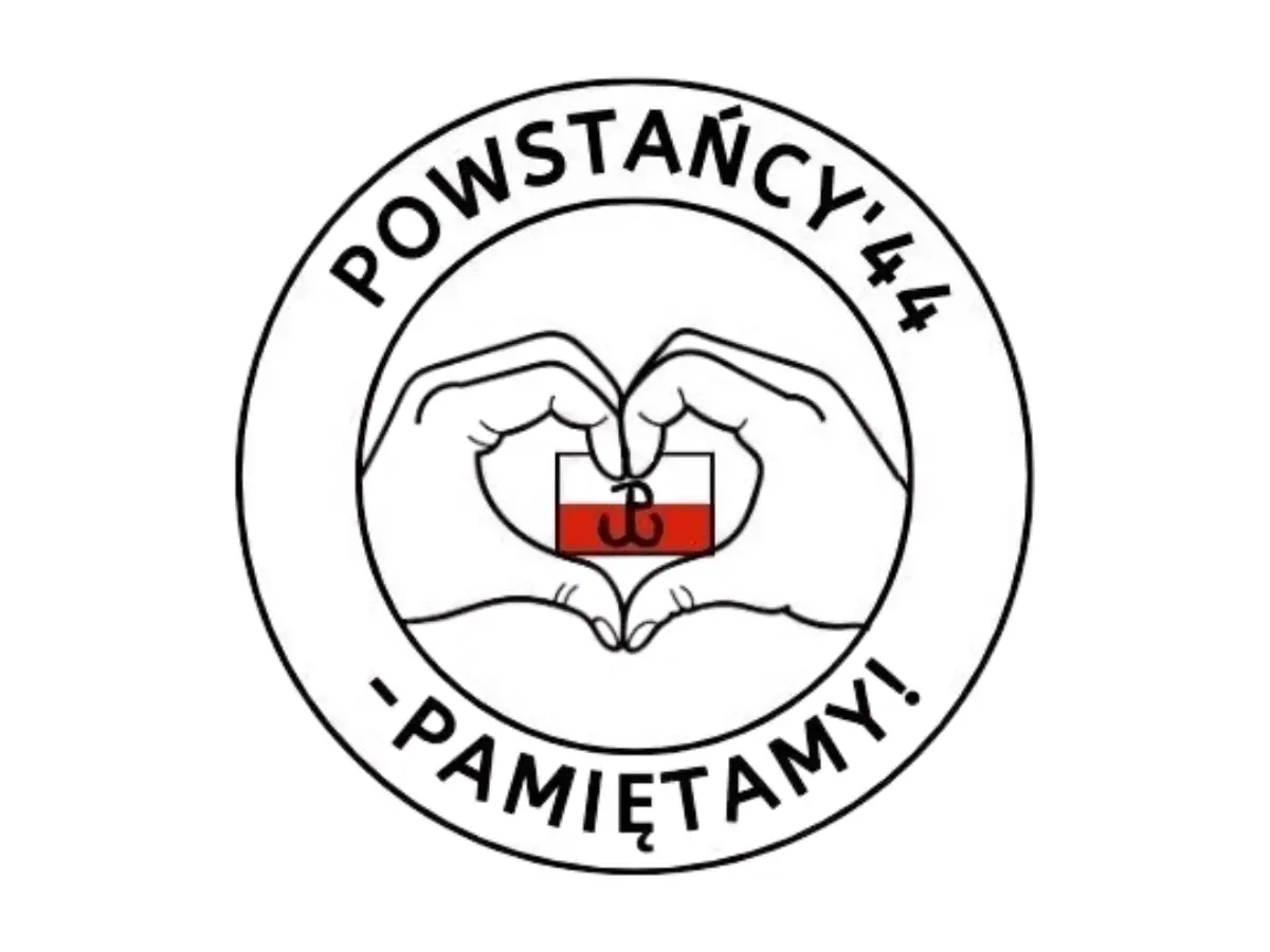 Powstańcy '44 - Pamiętamy - logo akcji z dłońmi ustawionymi w kształt serca i znakiem Polski Walczącej na tle flagi narodowej.