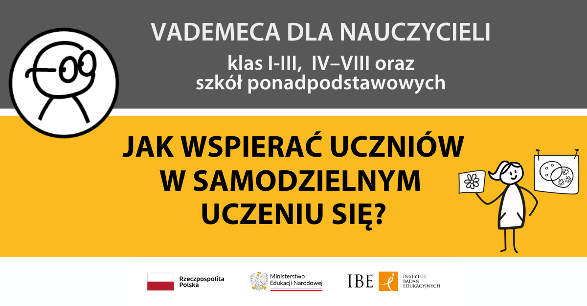 szaro-żółta grafika z rysowanymi ludzikami i napisem Vademeca dla nauczycieli oraz tytułem vademecum