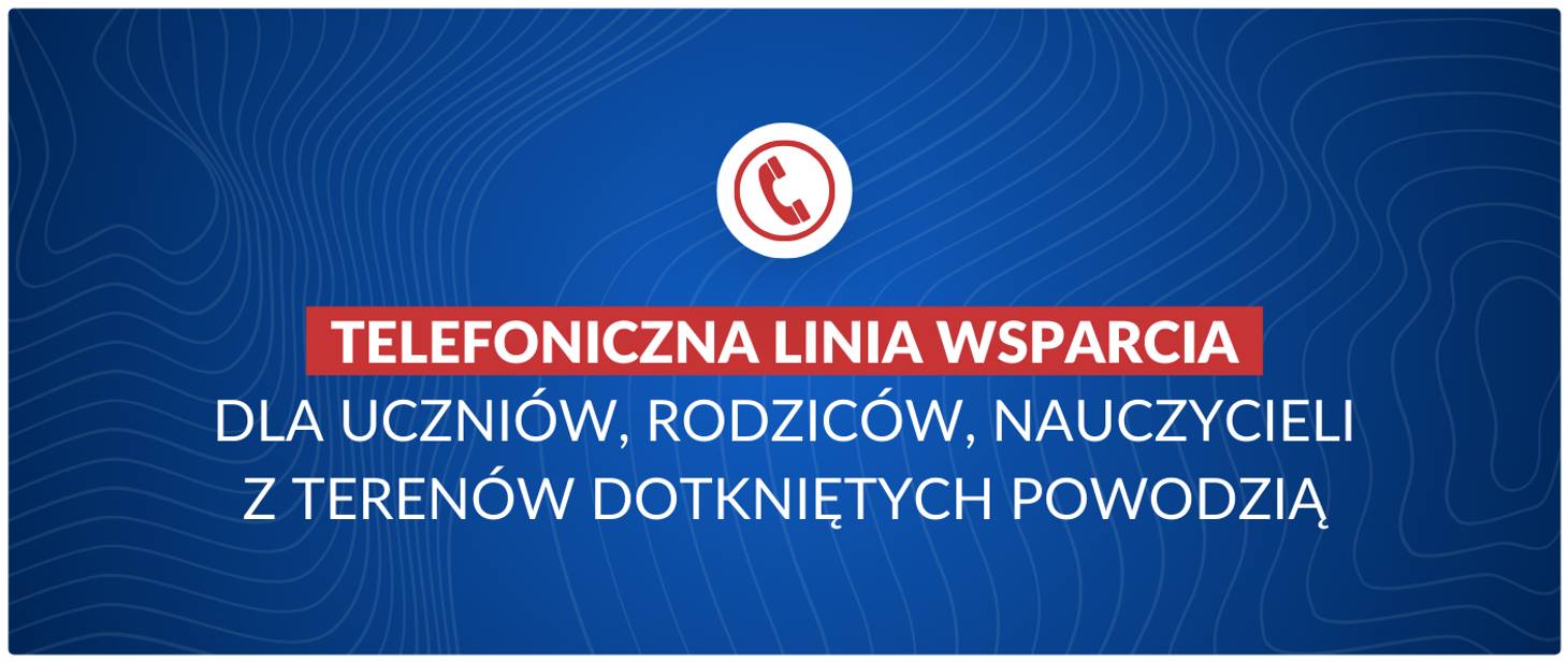 Telefoniczna linia wsparcia, granatowa grafika z symbolem telefonu, elementami białego i czerwonego koloru